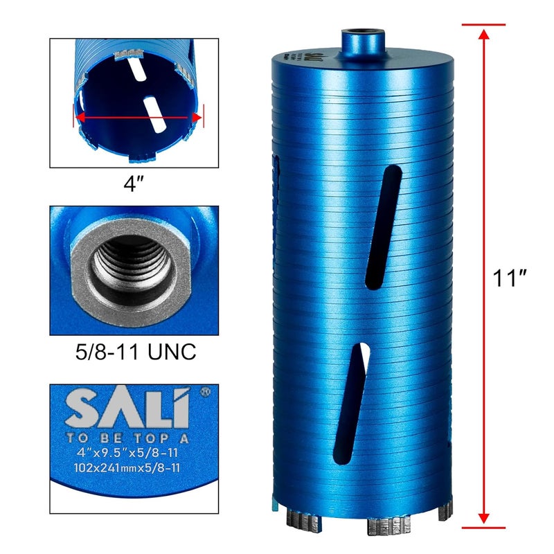 SALI رؤوس حفر الماس بقطر 4" عمق حفر 10"/254 مم خيط 5/8-11" بتقنية الليزر الملحومة لخرسانة معالجة مع الطوب والكتل والبناء مع محولين - Image 2